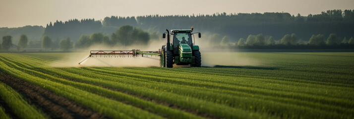 Tractor spraying pesticides fertilizer on soybean crops farm field in spring evening. Smart Farming Technology and Sustainable Advanced Agriculture Practices. generative ai - obrazy, fototapety, plakaty