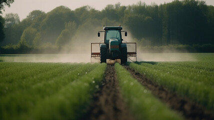 Fototapeta premium Tractor spraying pesticides fertilizer on soybean crops farm field in spring evening. Smart Farming Technology and Sustainable Advanced Agriculture Practices. generative ai