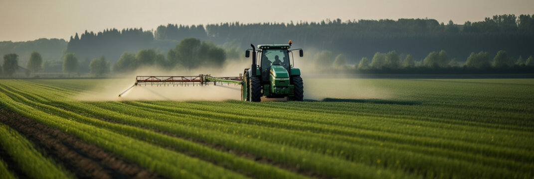 Tractor spraying pesticides fertilizer on soybean crops farm field in spring evening. Smart Farming Technology and Sustainable Advanced Agriculture Practices. generative ai