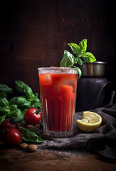 Bloody Mary cocktail on dark stone background. Cocktail with tomatoes and basil on rustic background. Generative AI