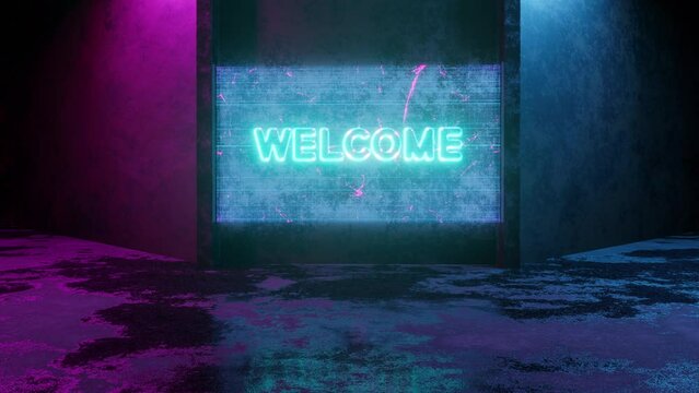 A Hologram With The Inscription Welcome On The Old Wall Without People. 1980s Retro Futuristic Style. Fashion Render Design For Banners, Projects. 4K Loop. Concept Stock Video. Seamless 3D Animation