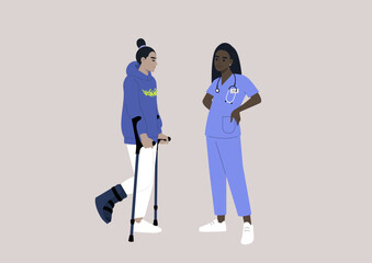 Fototapeta premium A young character with a fractured leg using crutches and hard shell boot to walk, a checkup appointment with a doctor