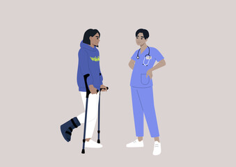 A young character with a fractured leg using crutches and hard shell boot to walk, a checkup appointment with a doctor