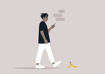 Young male African character addicted to their smartphone ignoring a banana peel on their way