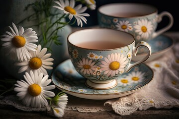 Fototapeta premium Cups of tea and beautiful flowers. Refined vintage dishes. Generative Ai