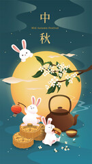 Cute rabbits celebrating the mid-autumn festival with moon cakes, hot tea and full moon. Vector illustration.  Chinese translation: Happy mid-autumn festival.