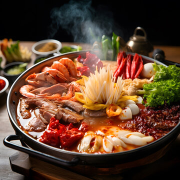 Traditional Sukiyaki pot with Kobe Beef and Vegetable, Japanese traditional hot pot