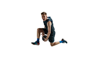 Fototapeta na wymiar Dynamic image of man, basketball player during game, training, jumping with ball isolated against white background. Concept of sport, action and motion, health, game, hobby, sportswear, ad