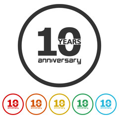 10 years anniversary emblem. Set icons in color circle buttons