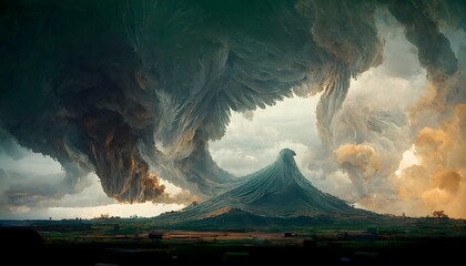 tornado2 made of eagles2 feathers07 volcano on horizon2 photorealistic hyper realistic high detailed unreal engine sharp textures matrix green code2 ar 169 q 2 