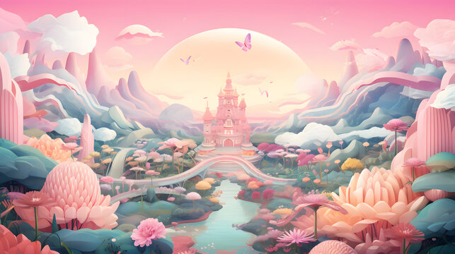 A Dream Wonder Land Made Out Of Lush Flower, A Fancy Sweet World Illustration. Generative AI