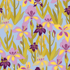 Iris flowers garden. Seamless pattern on blue background