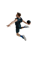 Full-length image of young man, basketball player in jump with ball isolated against white...