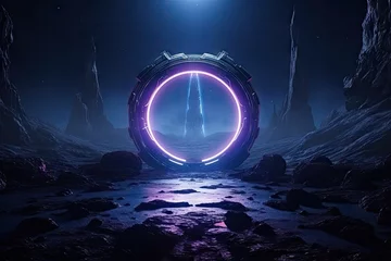 Fotobehang Abstract portal stone gate with neon glowing light in the dark space landscape of cosmic, rocky mountain stone field, spectrum light effect, with Generative Ai. © TANATPON