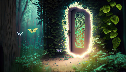 small door in a forest realistic lots of foliage with small butterflies thunder storm 4k