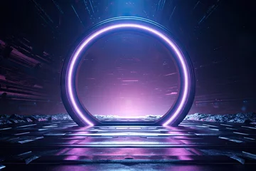 Foto op Aluminium Abstract portal stone gate with neon glowing light in the dark space landscape of cosmic, rocky mountain stone field, spectrum light effect, with Generative Ai. © TANATPON