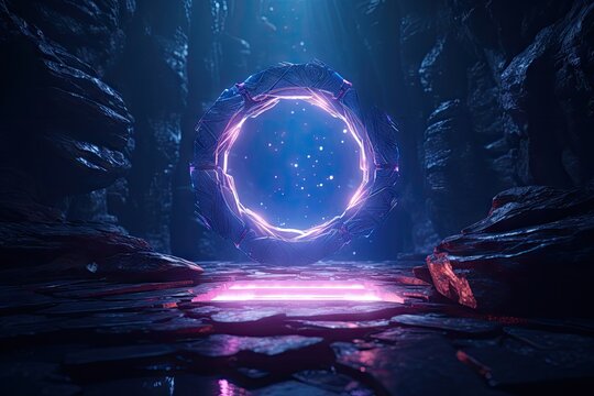 Abstract portal stone gate with neon glowing light in the dark space landscape of cosmic, rocky mountain stone field, spectrum light effect, with Generative Ai.