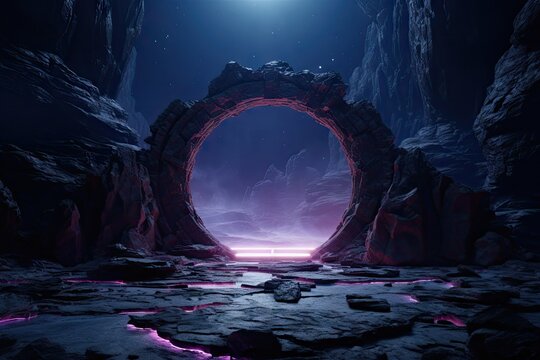 Abstract portal stone gate with neon glowing light in the dark space landscape of cosmic, rocky mountain stone field, spectrum light effect, with Generative Ai.