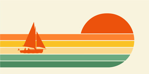 A sailboat and two passengers are seen in front of a colorful graphic sunset design in an illustration about vacation and travel and boating.