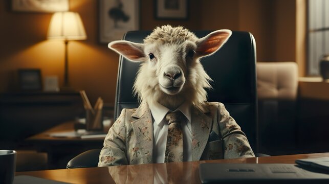 Portrait of sheep which one wearing business costume, corporate look, entrepreneur, boss working in cabinet, ai generated