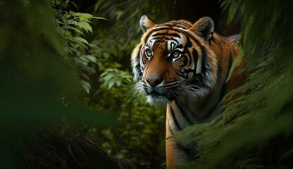 Obraz na płótnie Canvas beautiful bengal tiger with lush green habitat backgro.Generative AI