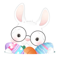 Cute Rabbit With Easter Egg Happy Easter watercolor illustration