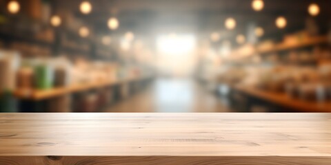 Fototapeta na wymiar Empty top wooden table with supermarket blur background
