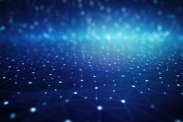 Abstract blue technology background with a cyber network grid and connected particles. Artificial neurons, global data connections - Generative AI