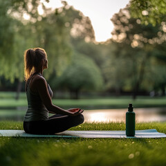 Young woman doing yoga in a park, back view. Generative IA.