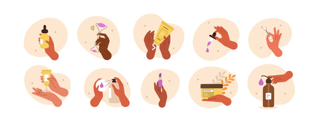 Beauty concept illustration. Collections of women characters hands taking care about skin and using serum oil, moisture cleanser and other natural cosmetic products. Vector illustrations set.