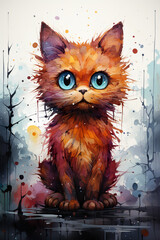 A painting of a cat with blue eyes. Generative AI.