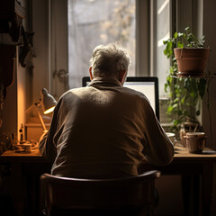 Mature man, senior, seen from behind, working on a computer at home, generative IA