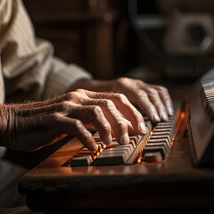 An elderly person's hands typing on a computer keyboard, generative IA