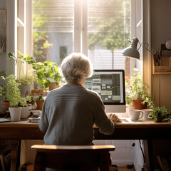 Fototapeta na wymiar Mature woman, senior, seen from behind, working on a computer at home, generative IA