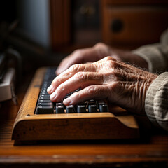 An elderly person's hands typing on a computer keyboard, generative IA