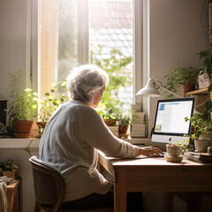 Mature woman, senior, seen from behind, working on a computer at home, generative IA