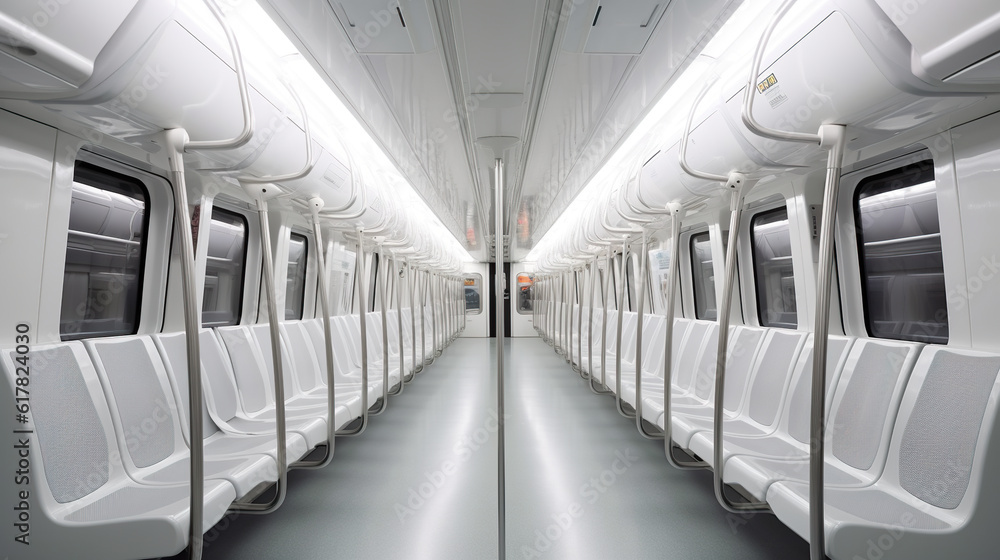 Poster a subway car with rows of empty seats. generative ai.