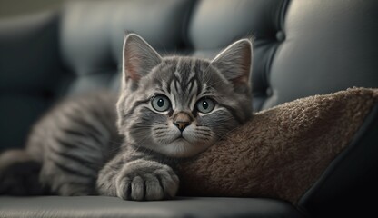 Beautiful little cat on a grey sofa.Generative AI
