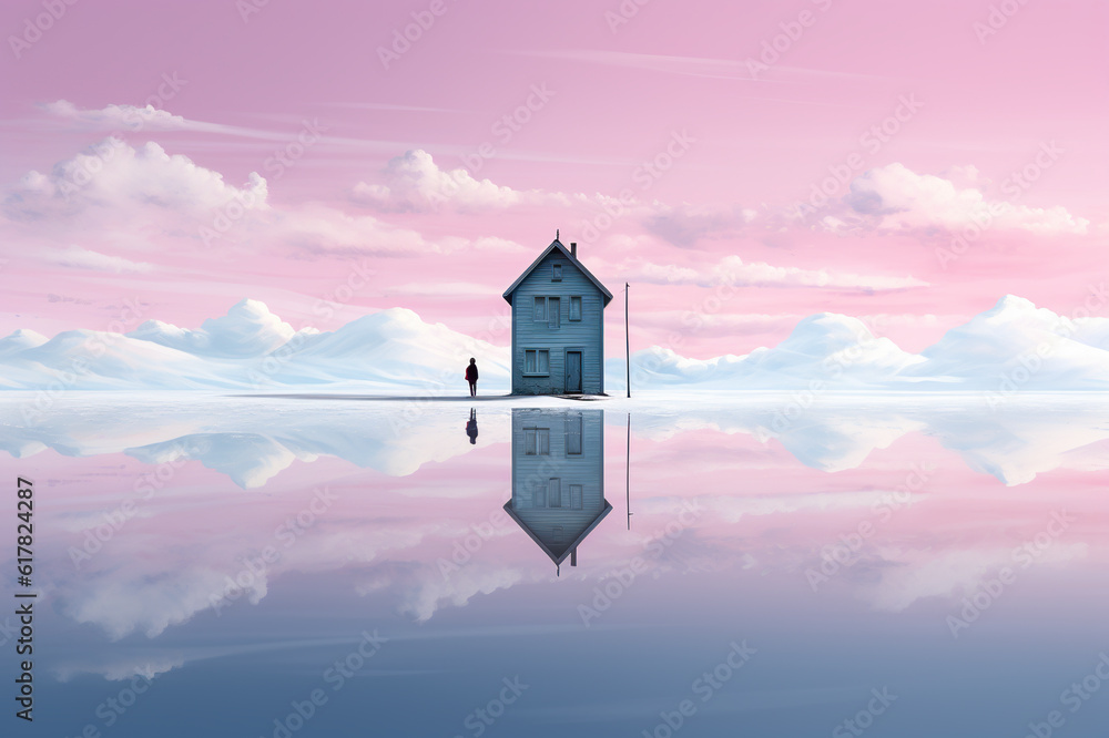 Poster a person standing in front of a house on a calm lake with reflection. generative ai.