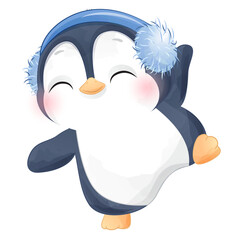 Cute penguin in winter watercolor illustration - obrazy, fototapety, plakaty