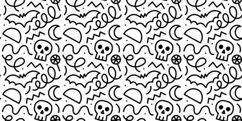 Happy halloween party seamless pattern. Funny cartoon line doodle background illustration of scary autumn celebration decoration in black and white.	