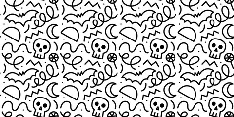 Happy halloween party seamless pattern. Funny cartoon line doodle background illustration of scary autumn celebration decoration in black and white.	