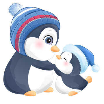 Cute penguin in winter watercolor illustration