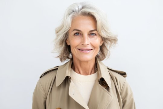 Portrait of smiling senior woman in trench coat looking at camera over white background