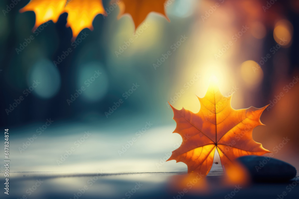 Aufkleber beautiful orange autumn maple leaf close up in natural park with soft focus in sunlight. ai generate
