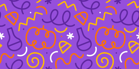 Colorful halloween party seamless pattern. Funny cartoon line doodle background illustration of scary autumn celebration decoration and childish shapes.	
