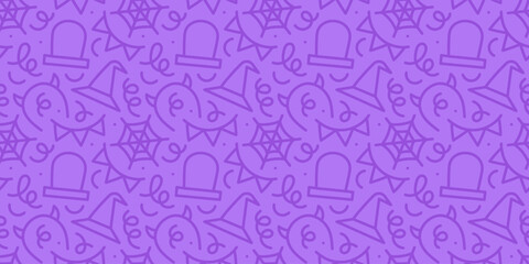 Colorful halloween party seamless pattern. Funny cartoon line doodle background illustration of scary autumn celebration decoration and childish shapes.	