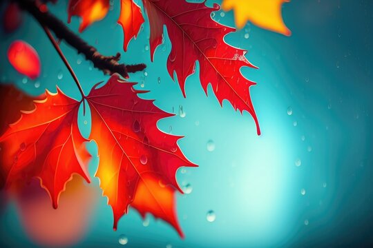 Beautiful autumn background with red-orange autumn leaves on a blue background with raindrops. AI generated.