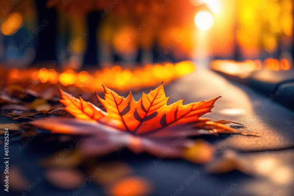 Poster beautiful orange autumn maple leaf close up in natural park with soft focus in sunlight. ai generate