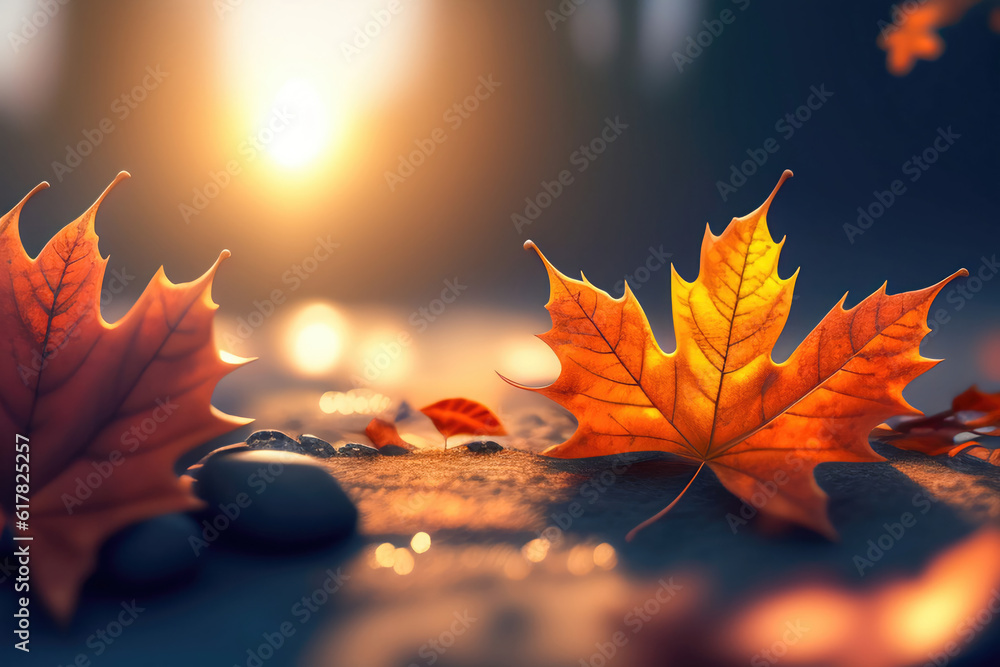 Poster beautiful orange autumn maple leaf close up in natural park with soft focus in sunlight. ai generate